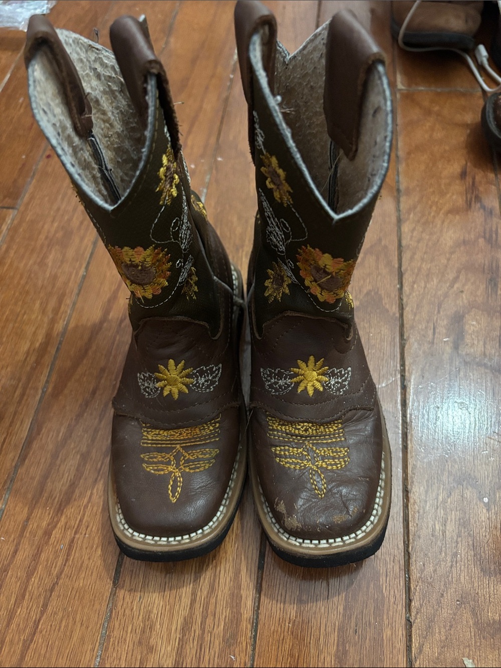 Kids Brown Embroidered Western Boots - Floral Detail